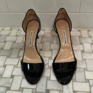 Manolo Blahnik Black Patent Leather Open Toe Heels